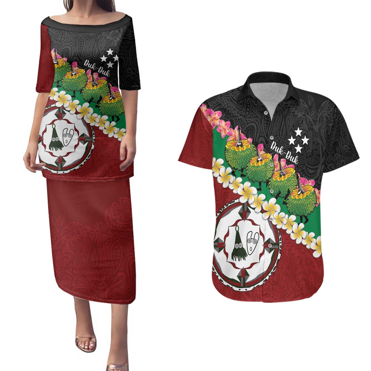 Frangipani Festival Rabaul East New Britain Couples Matching Puletasi and Hawaiian Shirt Dukduk Dance With Plumeria LT14 Red - Polynesian Pride