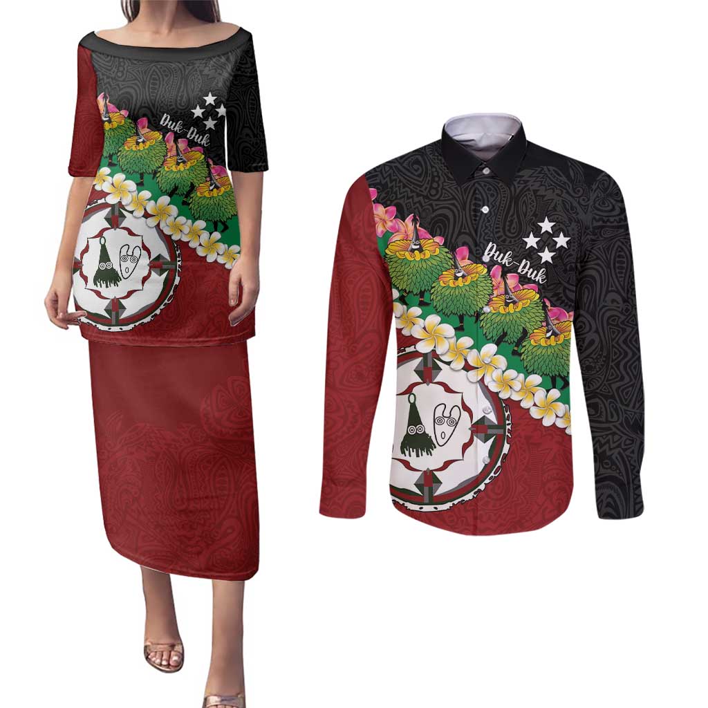 Frangipani Festival Rabaul East New Britain Couples Matching Puletasi and Long Sleeve Button Shirt Dukduk Dance With Plumeria LT14 Red - Polynesian Pride