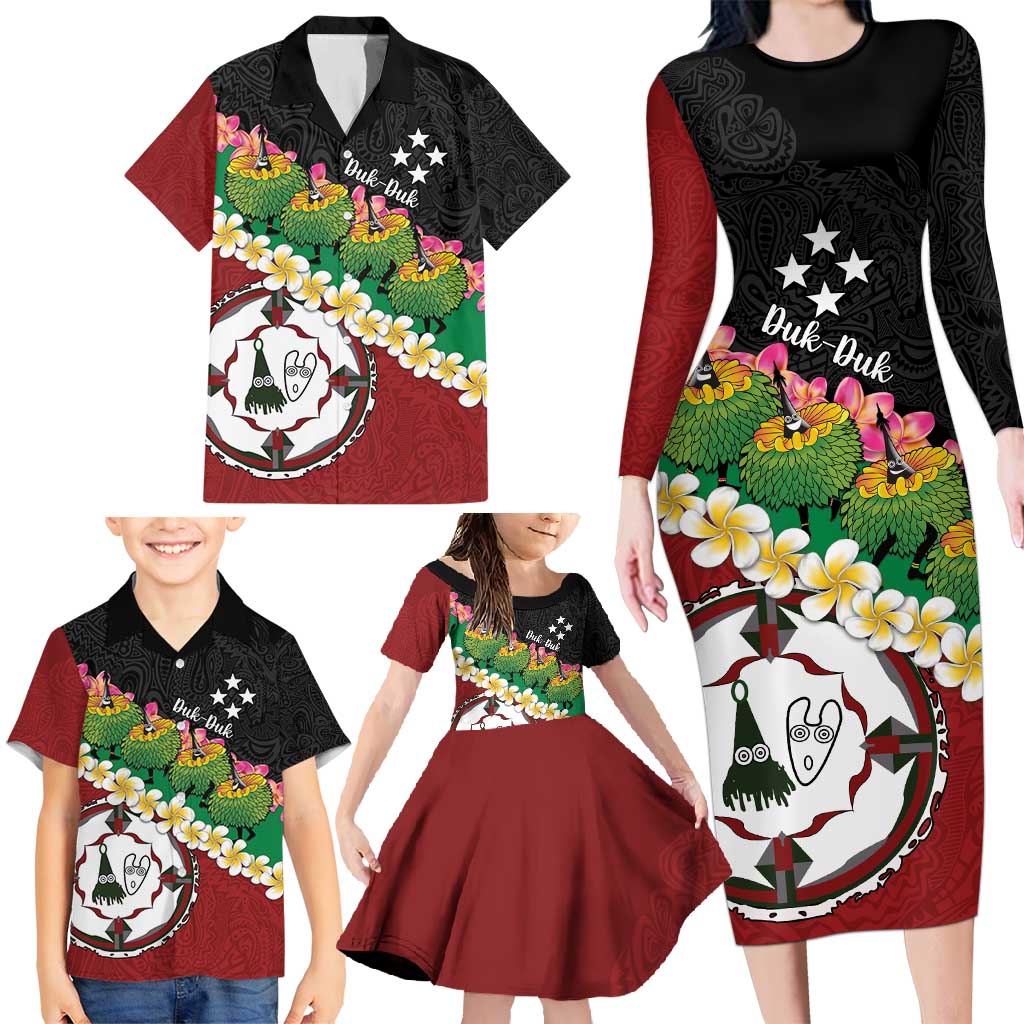 Frangipani Festival Rabaul East New Britain Family Matching Long Sleeve Bodycon Dress and Hawaiian Shirt Dukduk Dance With Plumeria LT14 - Polynesian Pride