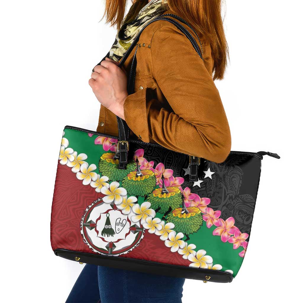 Frangipani Festival Rabaul East New Britain Leather Tote Bag Dukduk Dance With Plumeria LT14 Red - Polynesian Pride