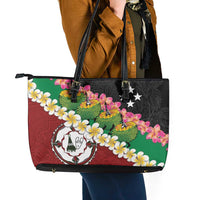 Frangipani Festival Rabaul East New Britain Leather Tote Bag Dukduk Dance With Plumeria LT14 - Polynesian Pride