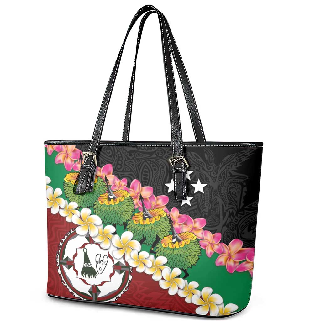 Frangipani Festival Rabaul East New Britain Leather Tote Bag Dukduk Dance With Plumeria LT14 - Polynesian Pride