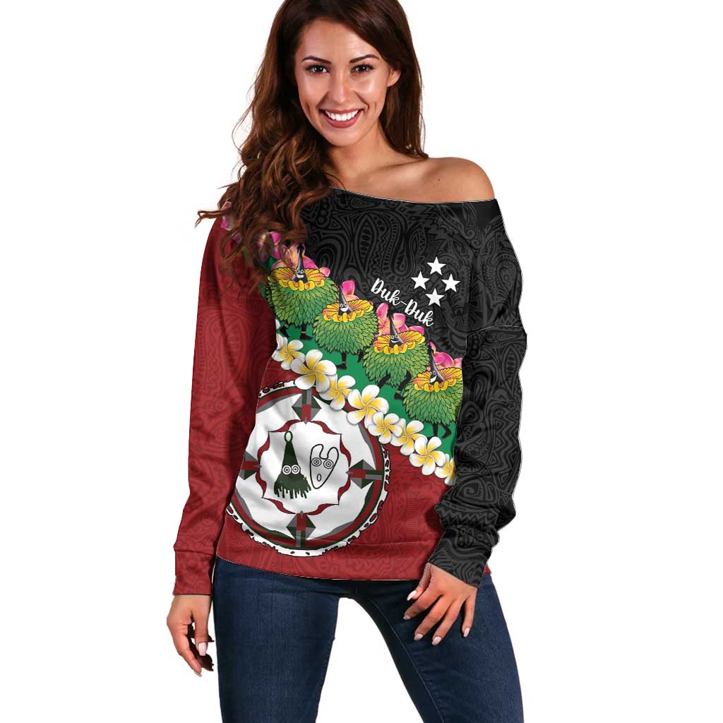 Frangipani Festival Rabaul East New Britain Off Shoulder Sweater Dukduk Dance With Plumeria LT14 Women Red - Polynesian Pride