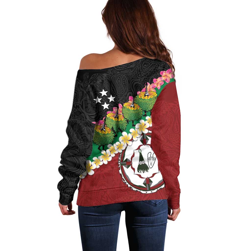 Frangipani Festival Rabaul East New Britain Off Shoulder Sweater Dukduk Dance With Plumeria LT14 - Polynesian Pride