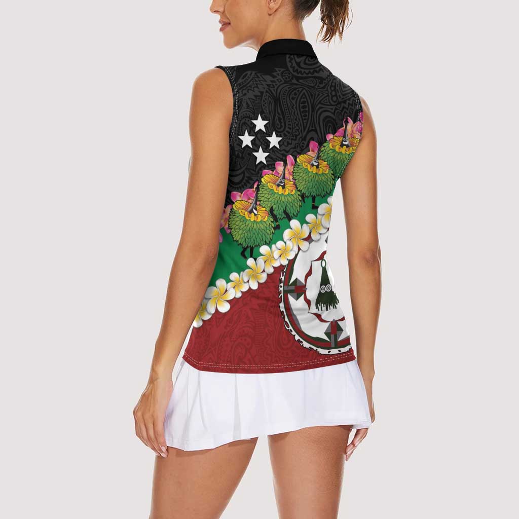 Frangipani Festival Rabaul East New Britain Women Sleeveless Polo Shirt Dukduk Dance With Plumeria LT14 - Polynesian Pride