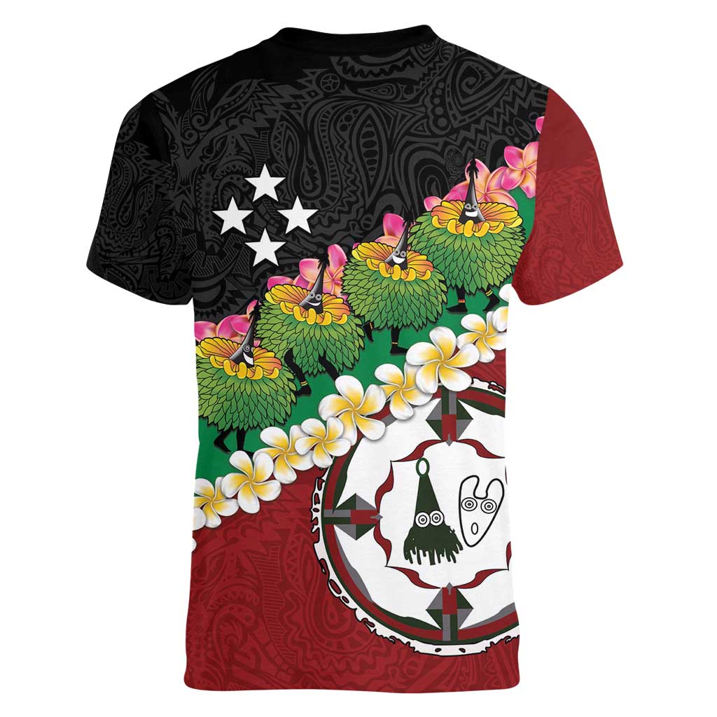 Frangipani Festival Rabaul East New Britain Women V-Neck T-Shirt Dukduk Dance With Plumeria LT14 - Polynesian Pride