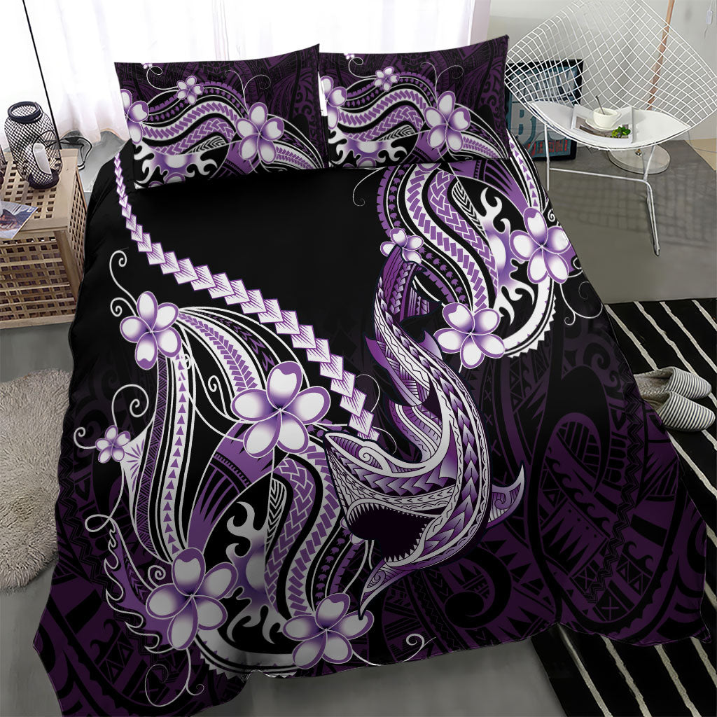 Purple Black Aloha Hawaii Bedding Set Polynesian Shark Tattoo Plumeria