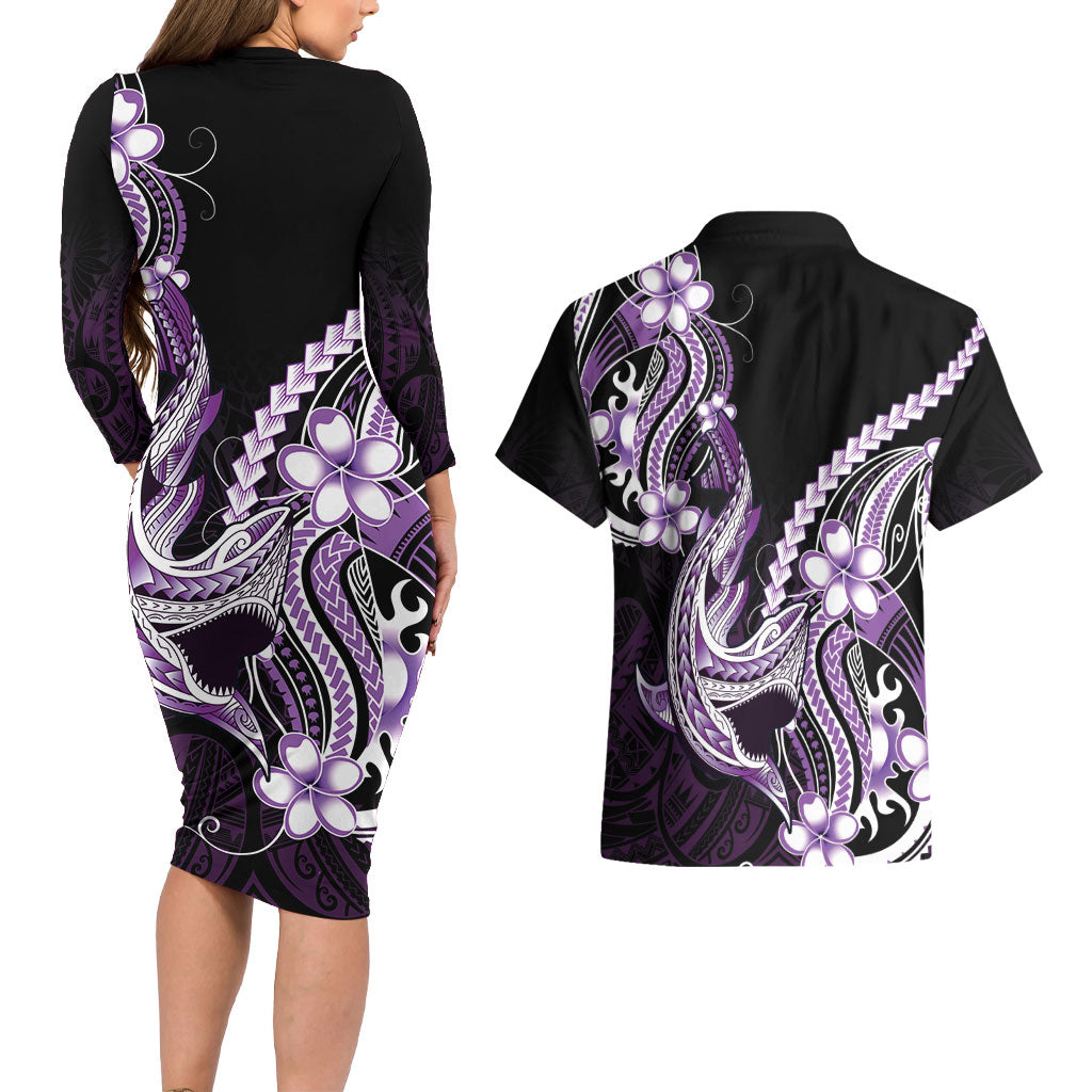 Purple Black Aloha Hawaii Couples Matching Long Sleeve Bodycon Dress and Hawaiian Shirt Polynesian Shark Tattoo Plumeria LT14 - Polynesian Pride
