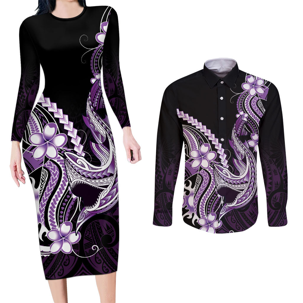 Purple Black Aloha Hawaii Couples Matching Long Sleeve Bodycon Dress and Long Sleeve Button Shirt Polynesian Shark Tattoo Plumeria LT14 Purple - Polynesian Pride