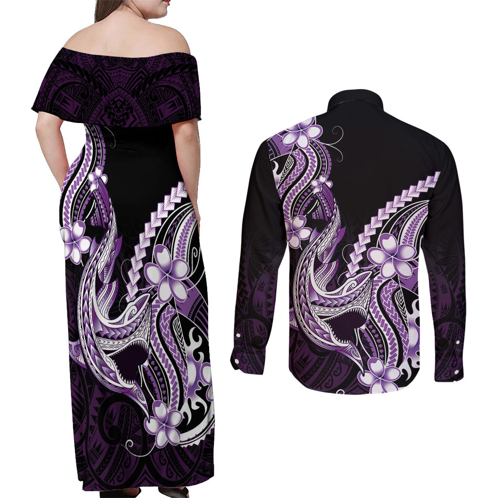 Purple Black Aloha Hawaii Couples Matching Off Shoulder Maxi Dress and Long Sleeve Button Shirt Polynesian Shark Tattoo Plumeria LT14 - Polynesian Pride