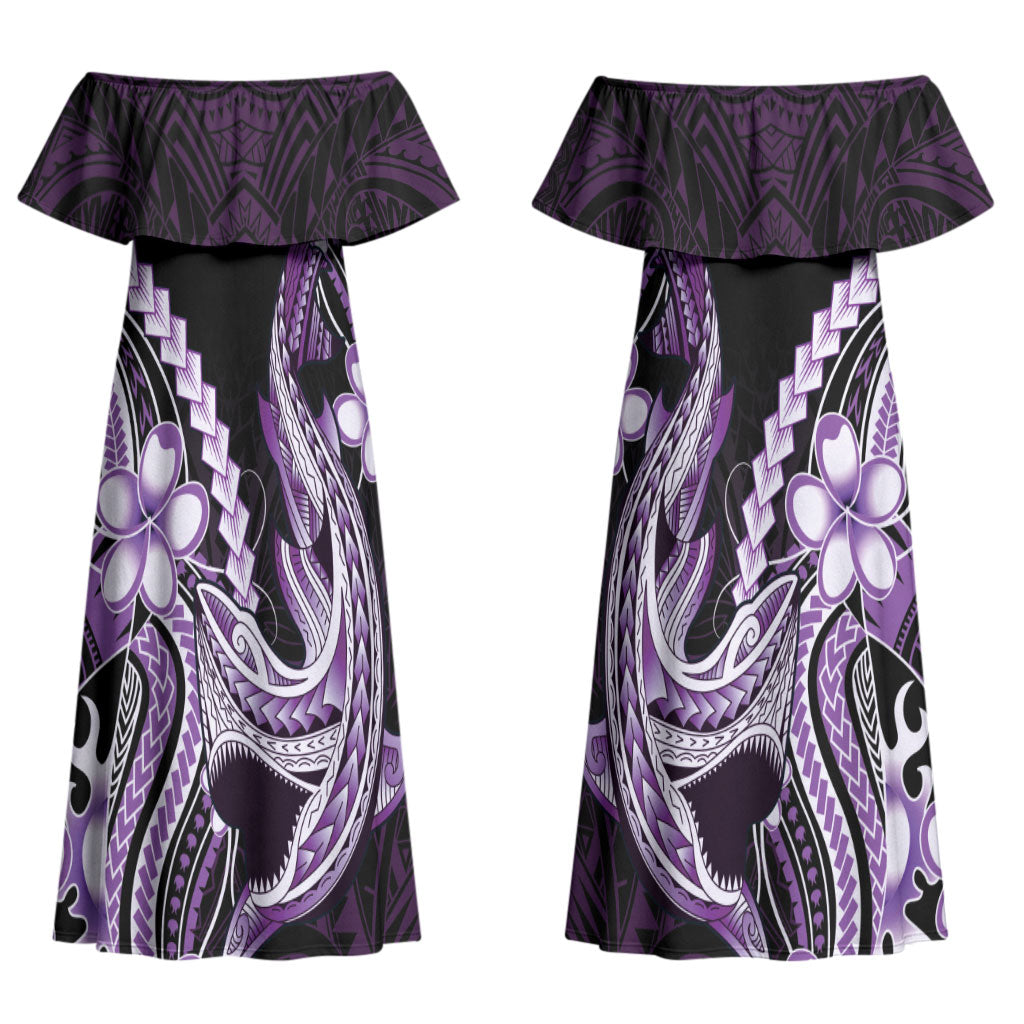 Purple Black Aloha Hawaii Couples Matching Off Shoulder Maxi Dress and Long Sleeve Button Shirt Polynesian Shark Tattoo Plumeria LT14 - Polynesian Pride