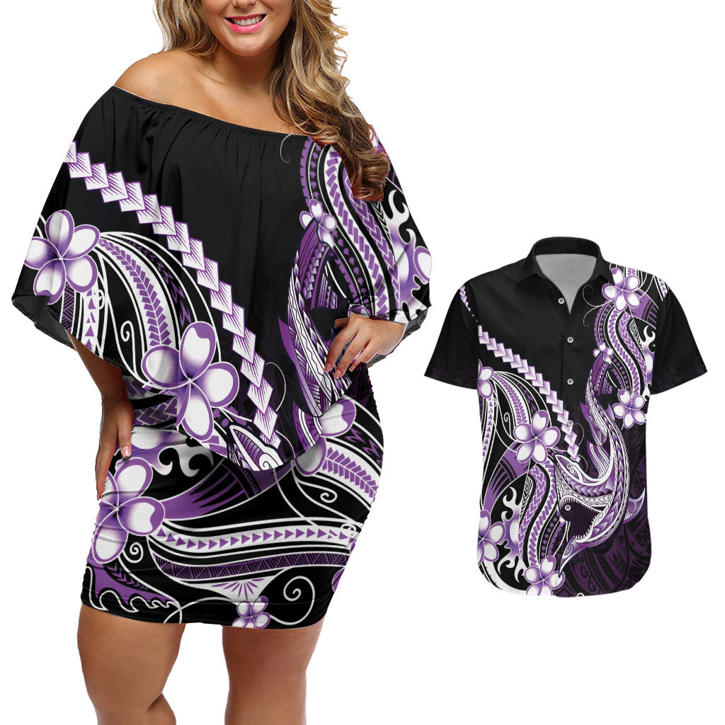 Purple Black Aloha Hawaii Couples Matching Off Shoulder Short Dress and Hawaiian Shirt Polynesian Shark Tattoo Plumeria