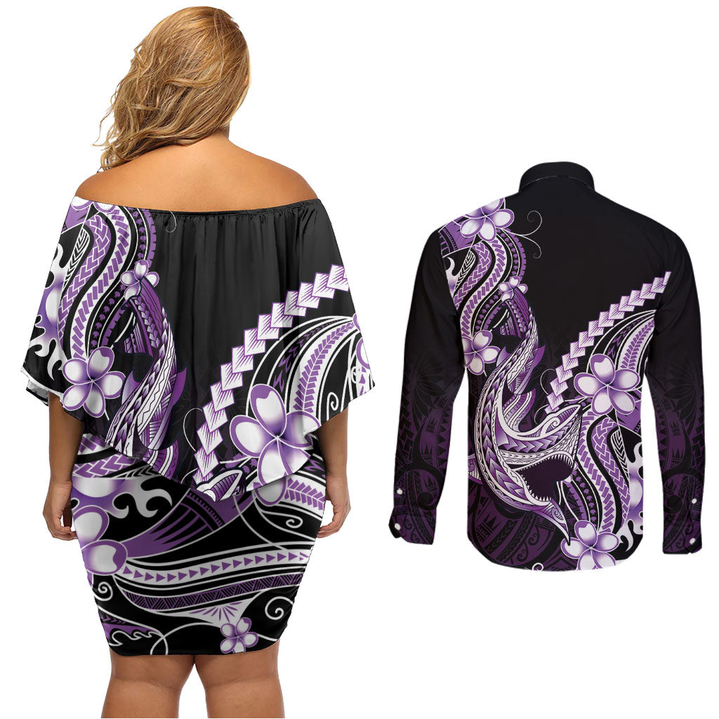 Purple Black Aloha Hawaii Couples Matching Off Shoulder Short Dress and Long Sleeve Button Shirt Polynesian Shark Tattoo Plumeria LT14 - Polynesian Pride