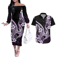 Purple Black Aloha Hawaii Couples Matching Off The Shoulder Long Sleeve Dress and Hawaiian Shirt Polynesian Shark Tattoo Plumeria LT14 Purple - Polynesian Pride
