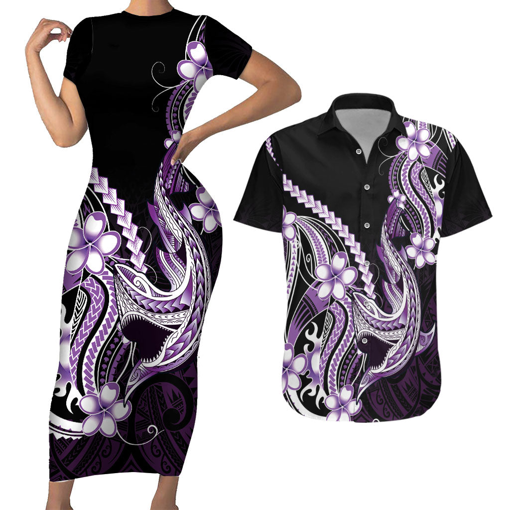 Purple Black Aloha Hawaii Couples Matching Short Sleeve Bodycon Dress and Hawaiian Shirt Polynesian Shark Tattoo Plumeria LT14 Purple - Polynesian Pride