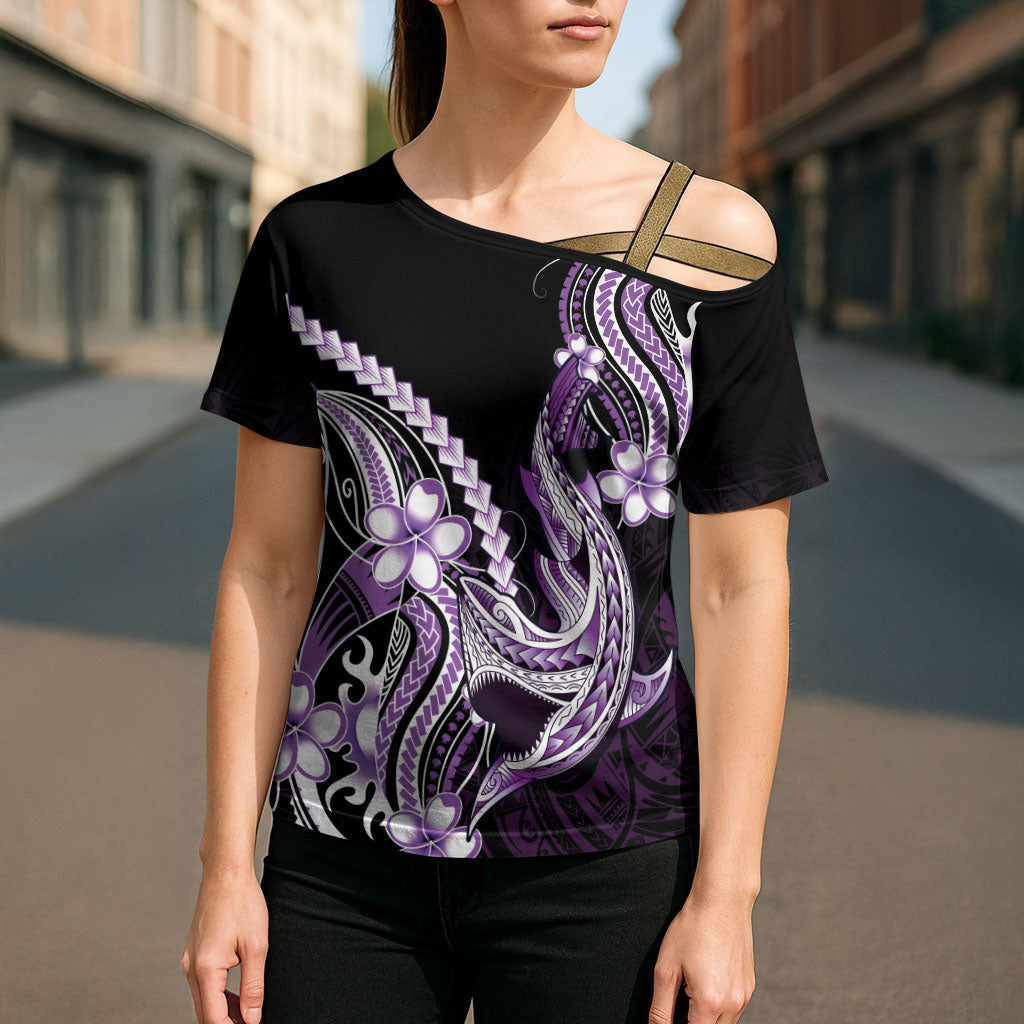 Purple Black Aloha Hawaii Cross Shoulder Shirt Polynesian Shark Tattoo Plumeria