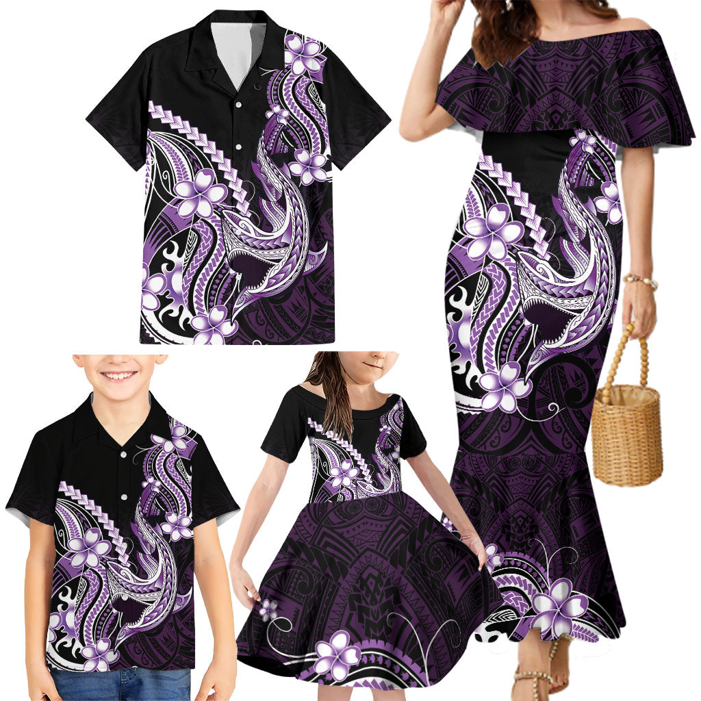 Purple Black Aloha Hawaii Family Matching Mermaid Dress and Hawaiian Shirt Polynesian Shark Tattoo Plumeria