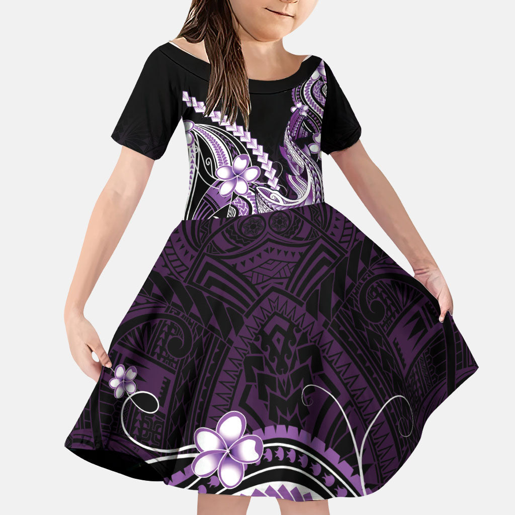Purple Black Aloha Hawaii Family Matching Off The Shoulder Long Sleeve Dress and Hawaiian Shirt Polynesian Shark Tattoo Plumeria LT14 Daughter's Dress Purple - Polynesian Pride