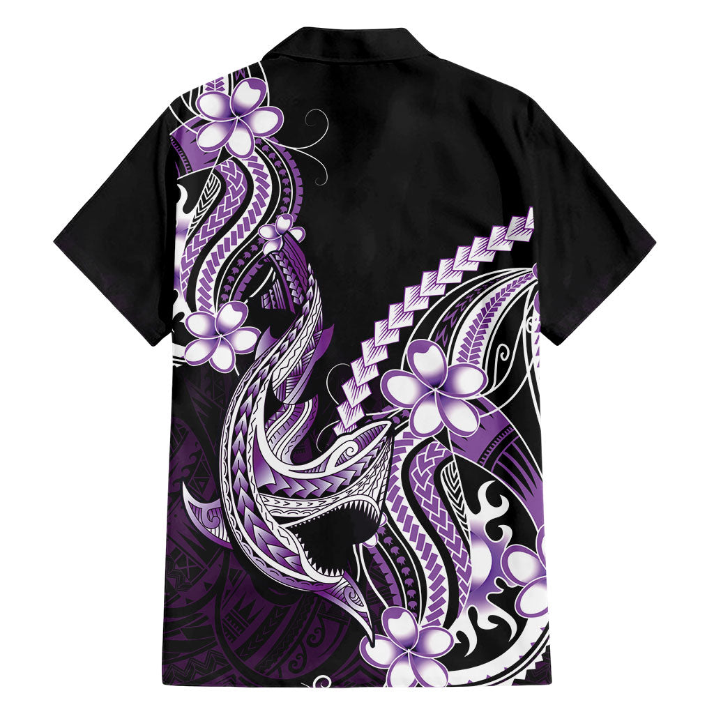 Purple Black Aloha Hawaii Family Matching Off Shoulder Short Dress and Hawaiian Shirt Polynesian Shark Tattoo Plumeria LT14 - Polynesian Pride