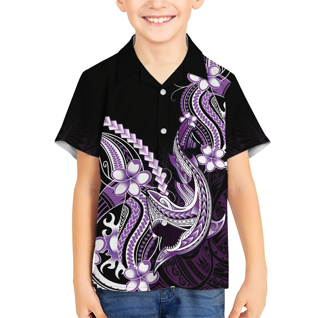 Purple Black Aloha Hawaii Family Matching Off Shoulder Short Dress and Hawaiian Shirt Polynesian Shark Tattoo Plumeria LT14 Son's Shirt Purple - Polynesian Pride