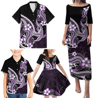 Purple Black Aloha Hawaii Family Matching Puletasi and Hawaiian Shirt Polynesian Shark Tattoo Plumeria LT14 - Polynesian Pride