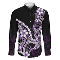 Purple Black Aloha Hawaii Family Matching Puletasi and Hawaiian Shirt Polynesian Shark Tattoo Plumeria LT14 Dad's Shirt - Long Sleeve Purple - Polynesian Pride