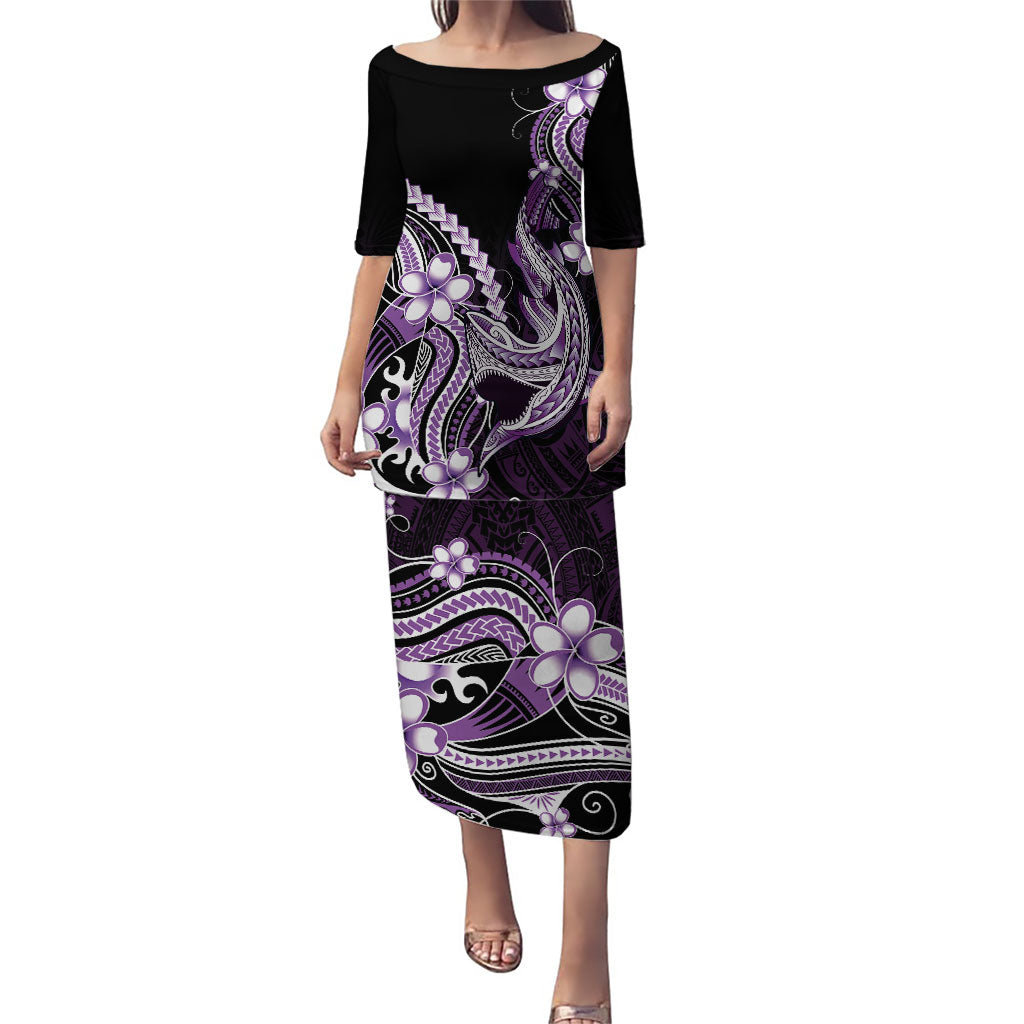Purple Black Aloha Hawaii Family Matching Puletasi and Hawaiian Shirt Polynesian Shark Tattoo Plumeria LT14 Mom's Dress Purple - Polynesian Pride