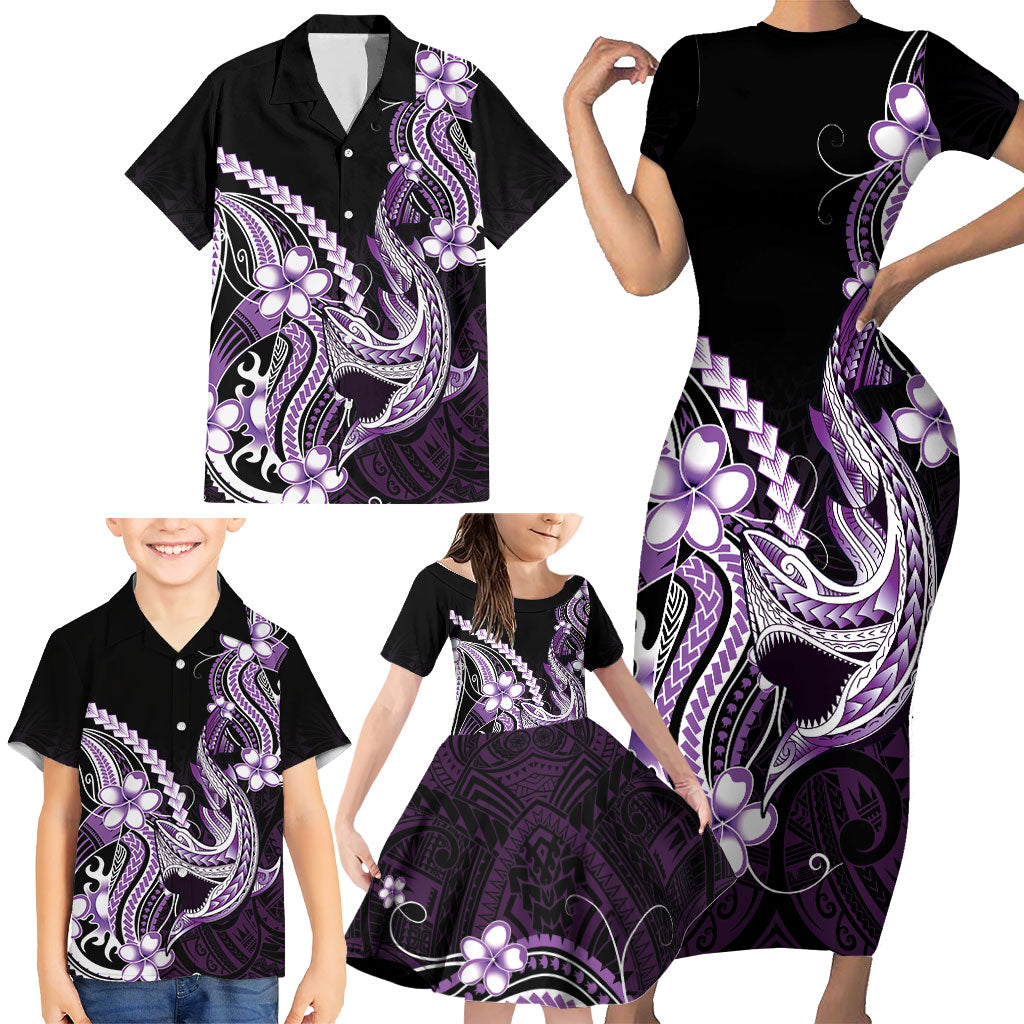 Purple Black Aloha Hawaii Family Matching Short Sleeve Bodycon Dress and Hawaiian Shirt Polynesian Shark Tattoo Plumeria LT14 - Polynesian Pride