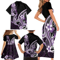 Purple Black Aloha Hawaii Family Matching Short Sleeve Bodycon Dress and Hawaiian Shirt Polynesian Shark Tattoo Plumeria LT14 - Polynesian Pride
