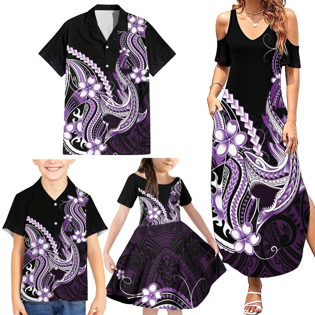 Purple Black Aloha Hawaii Family Matching Summer Maxi Dress and Hawaiian Shirt Polynesian Shark Tattoo Plumeria LT14 - Polynesian Pride