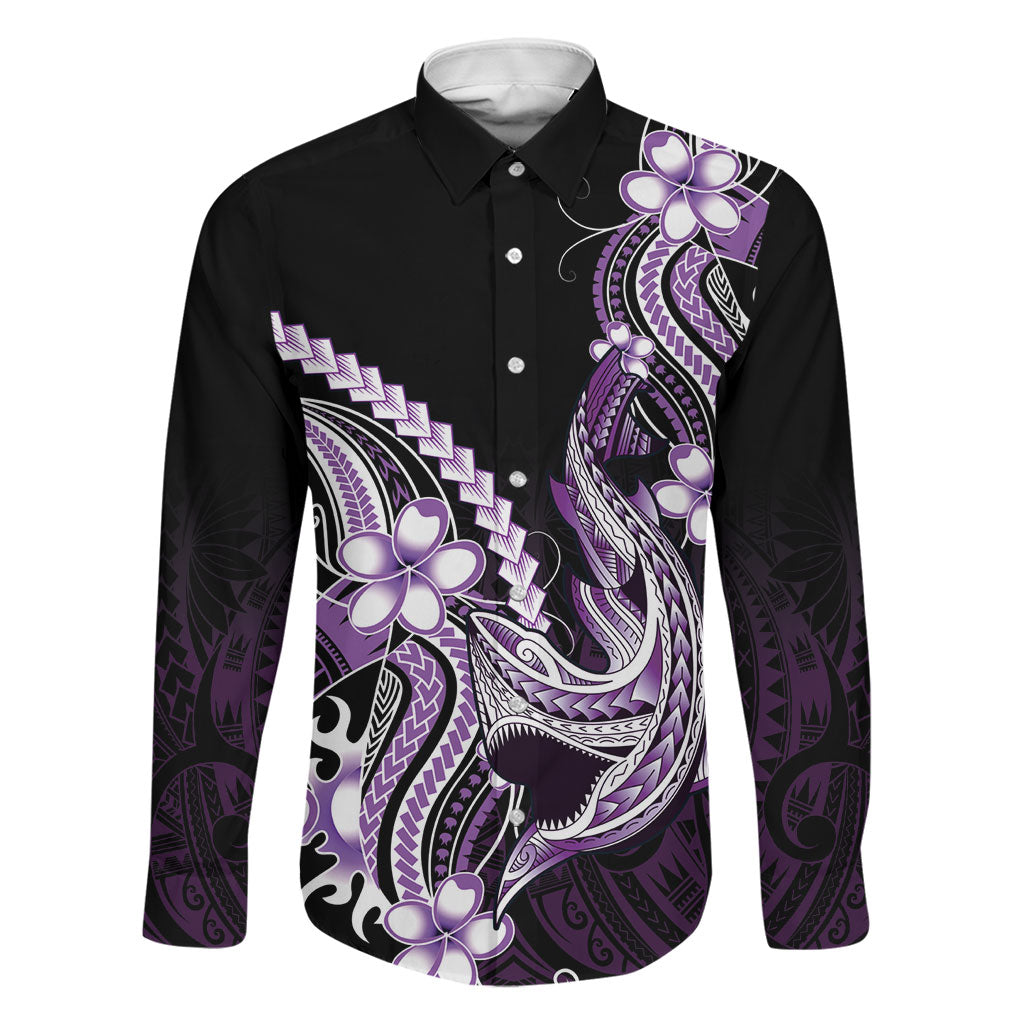 Purple Black Aloha Hawaii Family Matching Tank Maxi Dress and Hawaiian Shirt Polynesian Shark Tattoo Plumeria LT14 Dad's Shirt - Long Sleeve Purple - Polynesian Pride