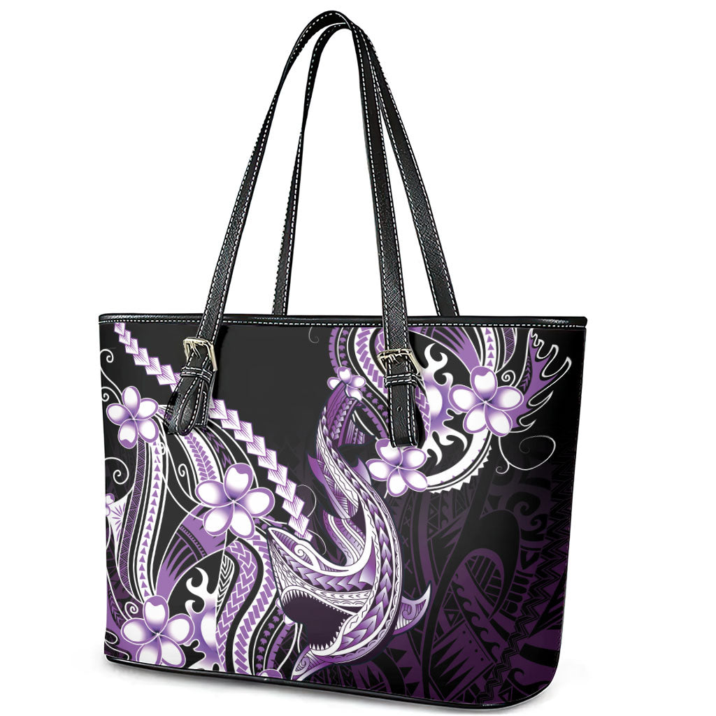 Purple Black Aloha Hawaii Leather Tote Bag Polynesian Shark Tattoo Plumeria