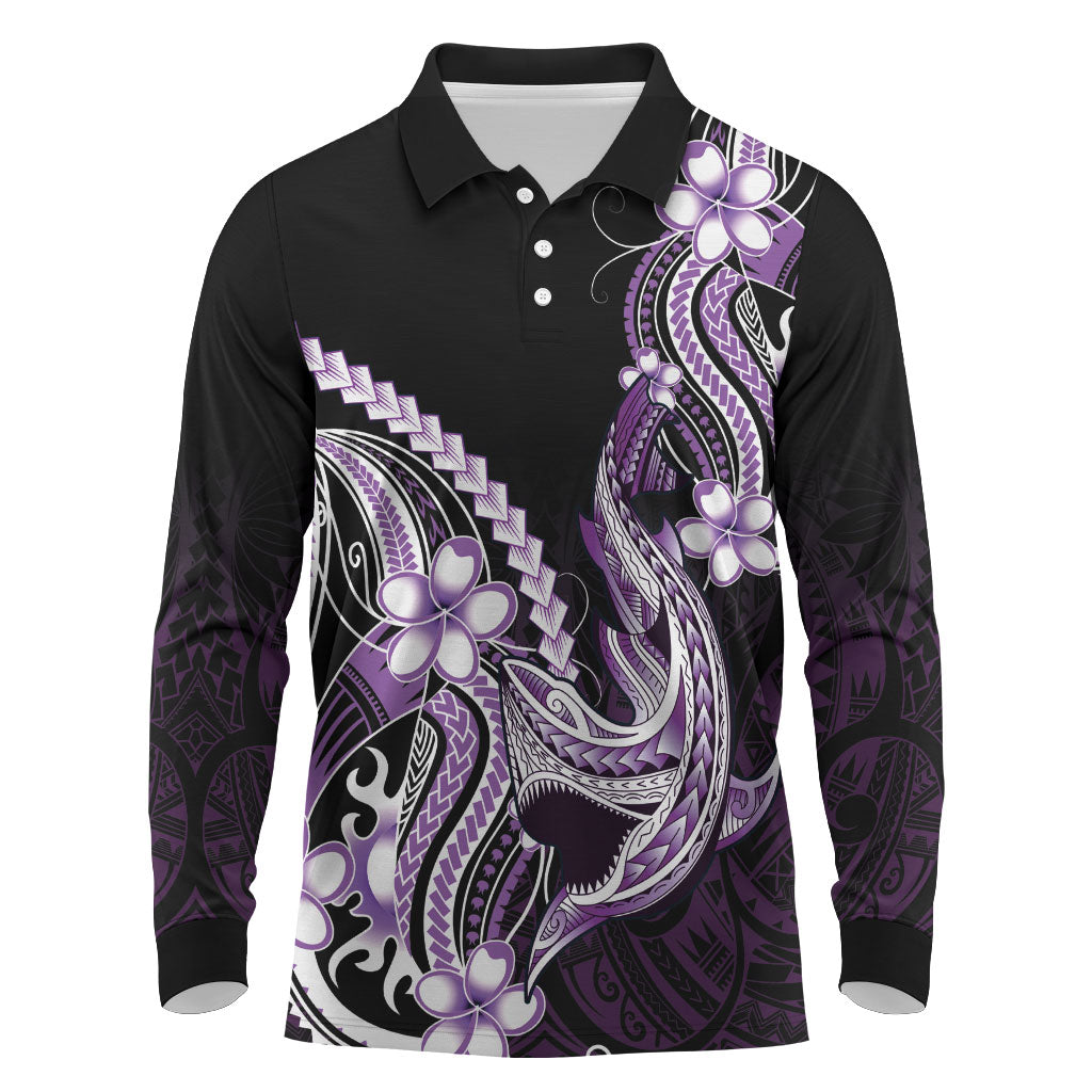 Purple Black Aloha Hawaii Long Sleeve Polo Shirt Polynesian Shark Tattoo Plumeria LT14 Purple - Polynesian Pride