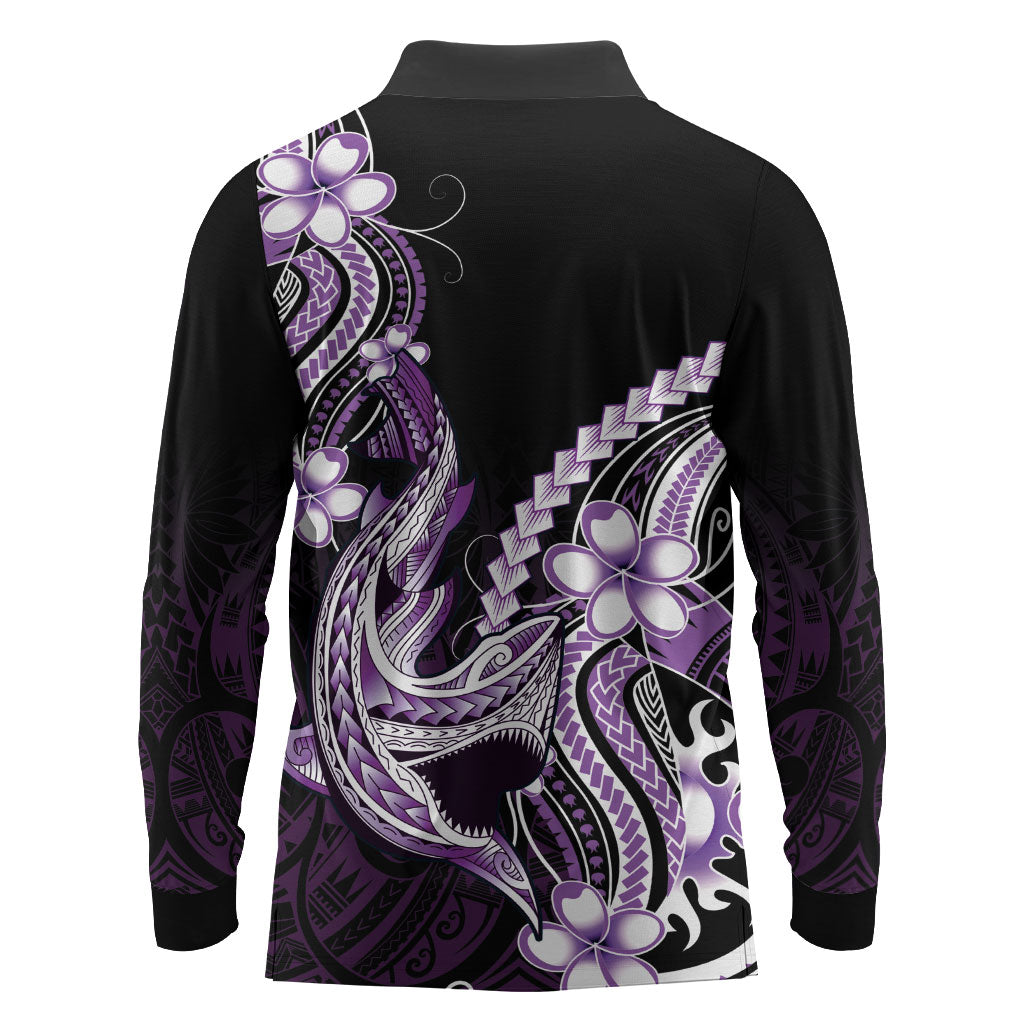 Purple Black Aloha Hawaii Long Sleeve Polo Shirt Polynesian Shark Tattoo Plumeria LT14 - Polynesian Pride