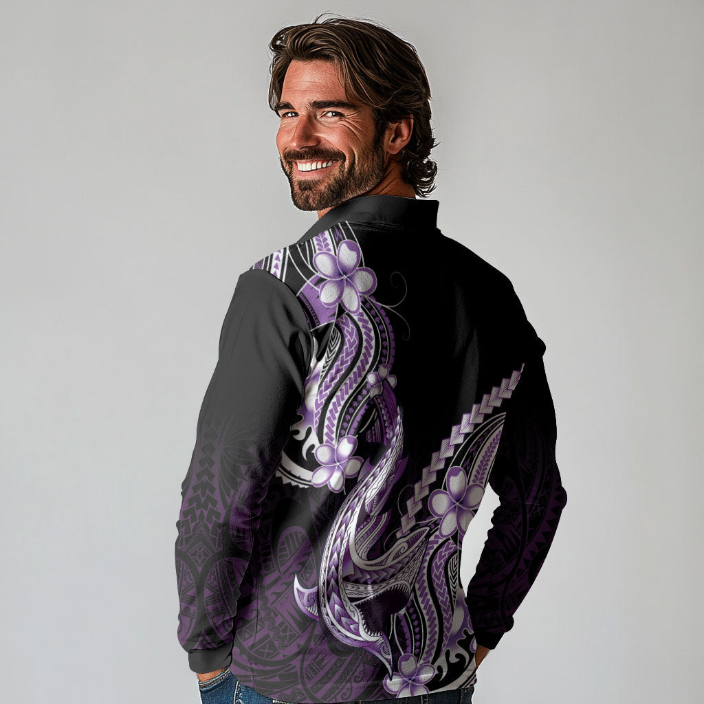 Purple Black Aloha Hawaii Long Sleeve Polo Shirt Polynesian Shark Tattoo Plumeria LT14 - Polynesian Pride