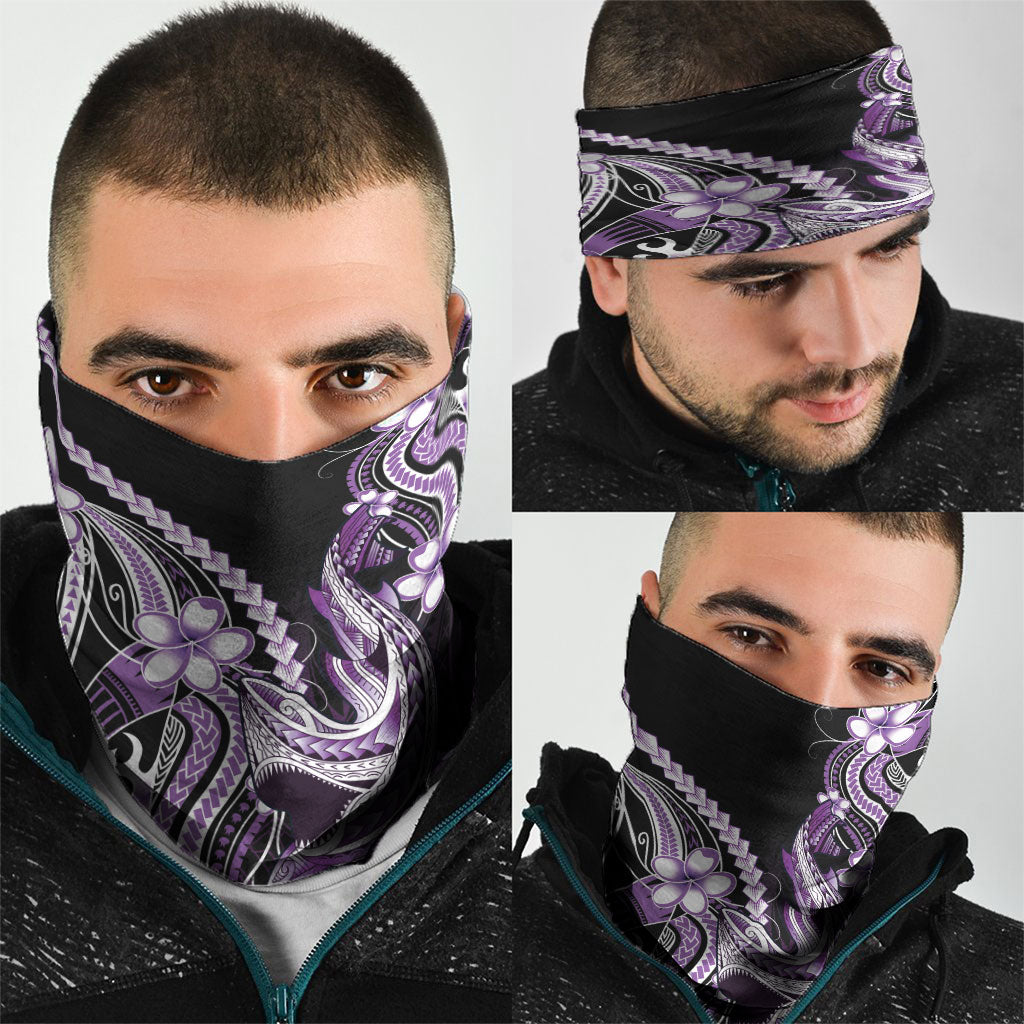 Purple Black Aloha Hawaii Neck Gaiter Polynesian Shark Tattoo Plumeria