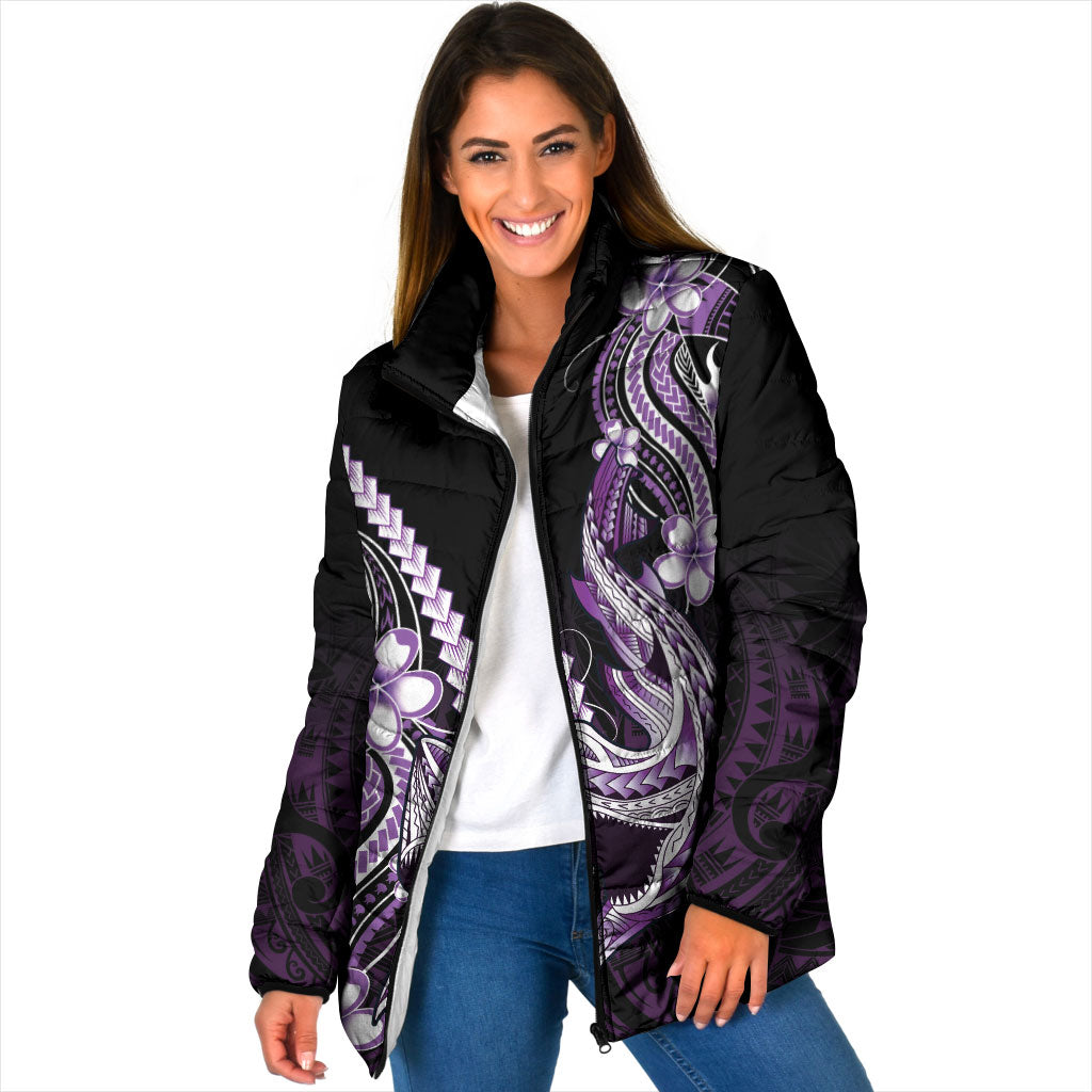 Purple Black Aloha Hawaii Padded Jacket Polynesian Shark Tattoo Plumeria