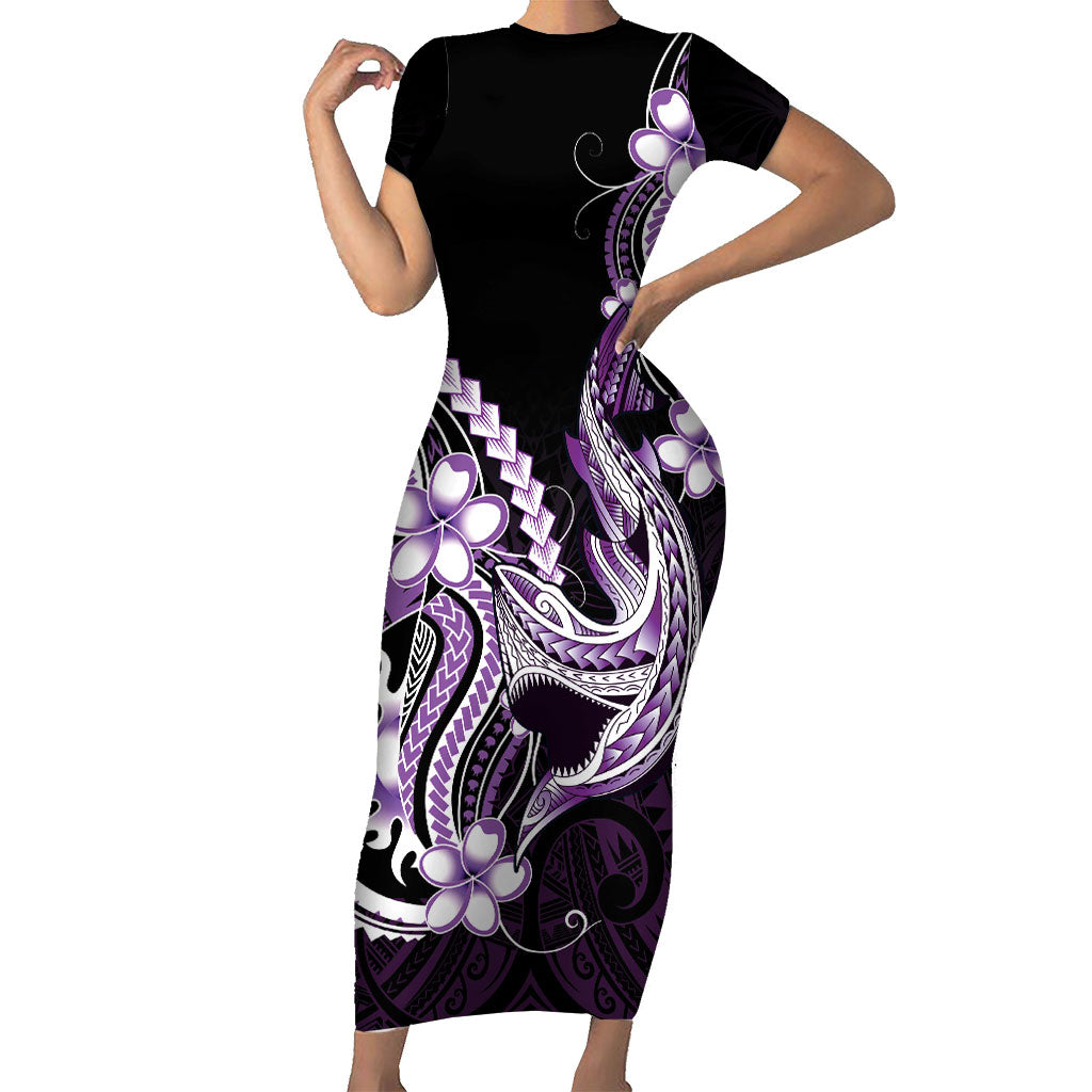 Purple Black Aloha Hawaii Short Sleeve Bodycon Dress Polynesian Shark Tattoo Plumeria