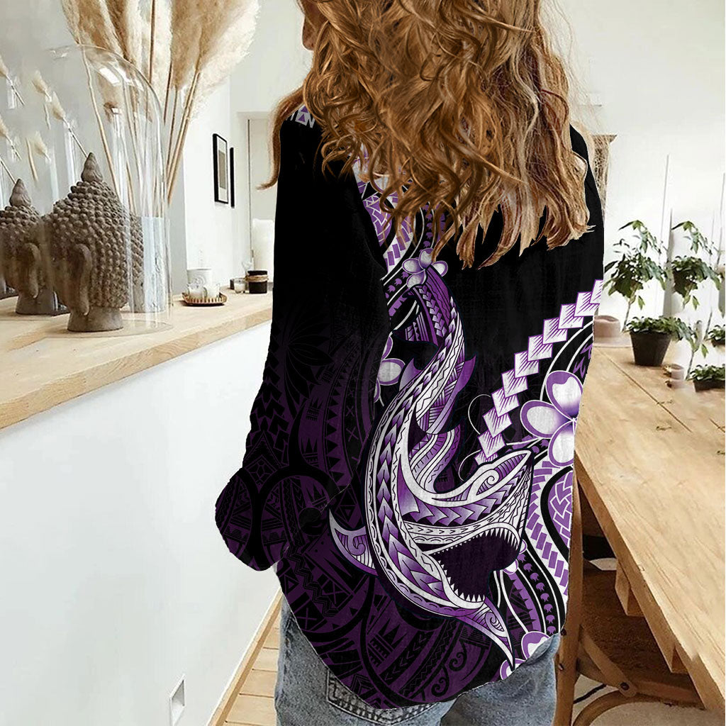 Purple Black Aloha Hawaii Women Casual Shirt Polynesian Shark Tattoo Plumeria LT14 - Polynesian Pride