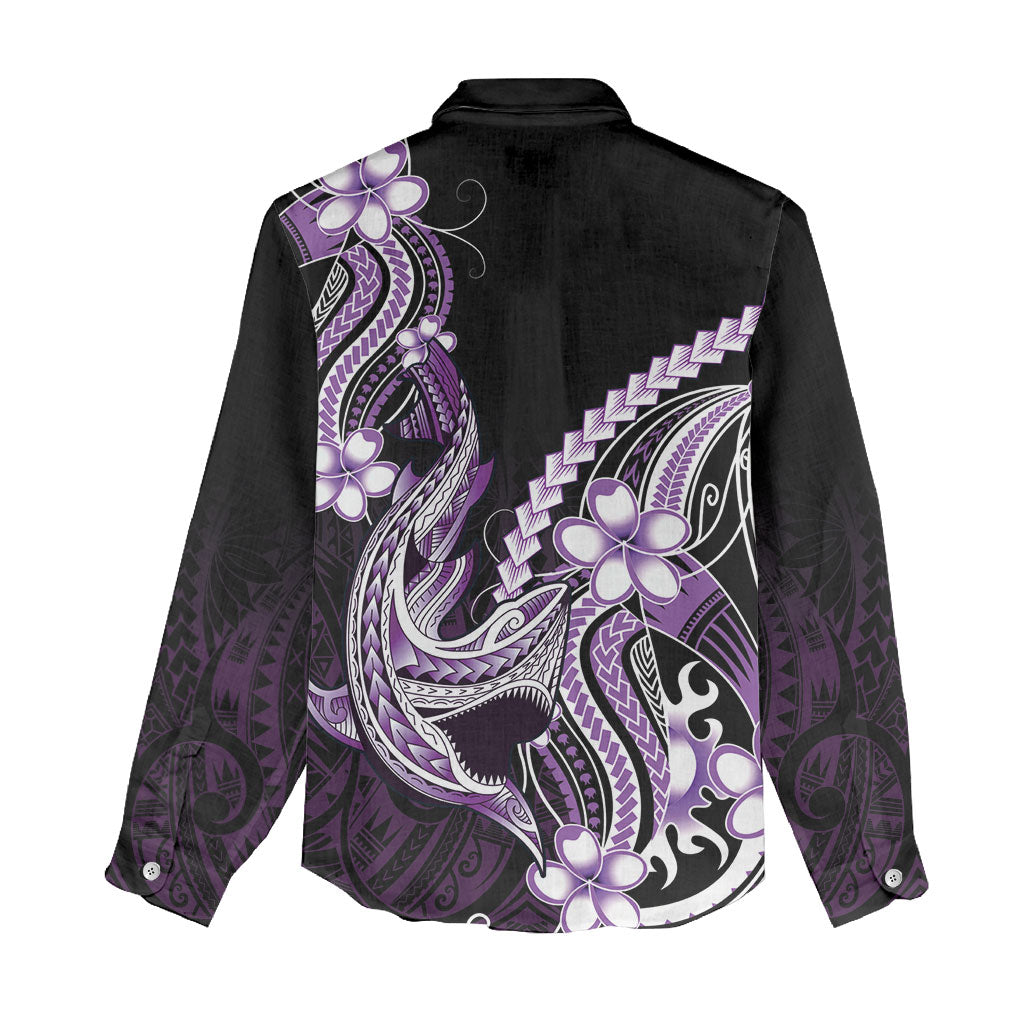 Purple Black Aloha Hawaii Women Casual Shirt Polynesian Shark Tattoo Plumeria LT14 - Polynesian Pride