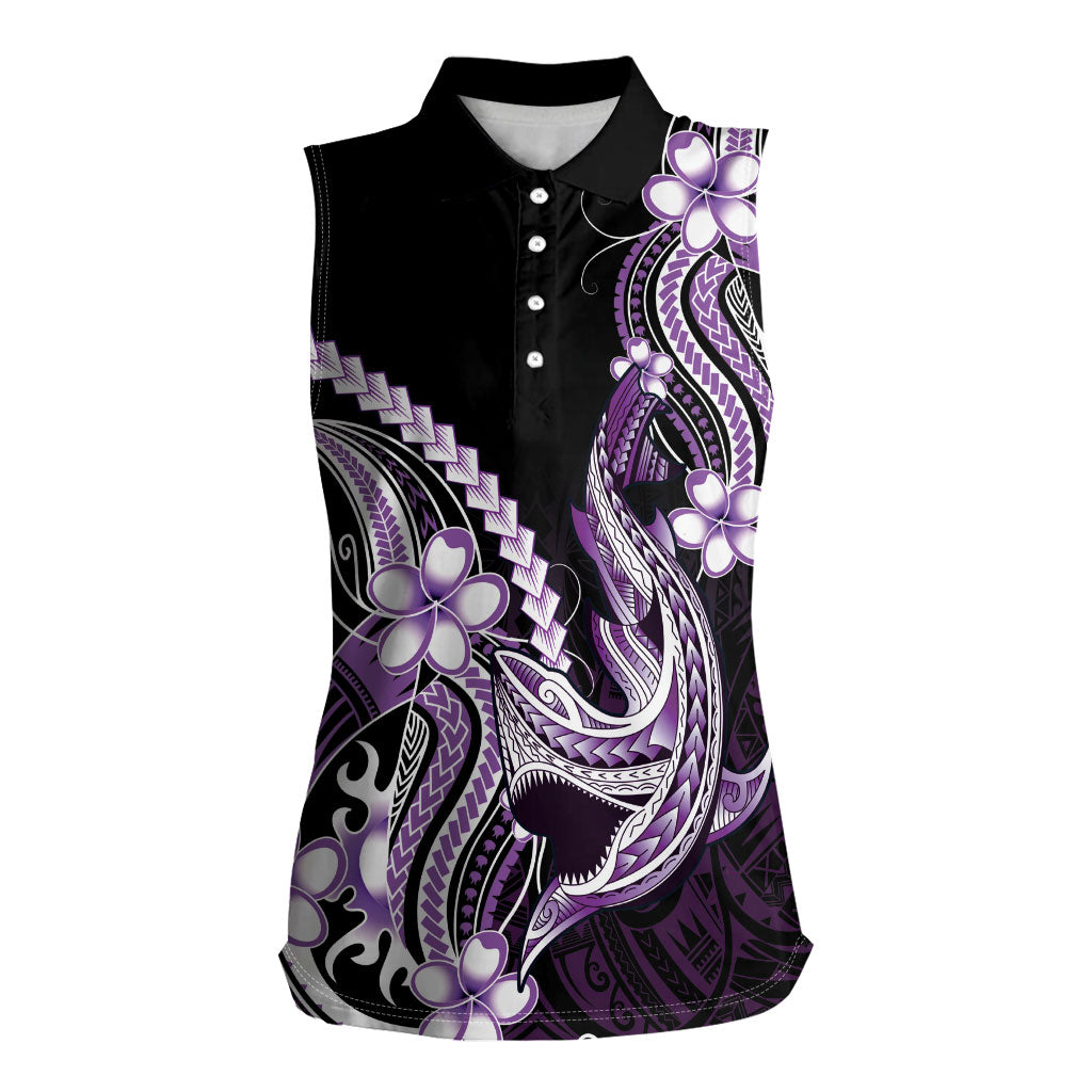Purple Black Aloha Hawaii Women Sleeveless Polo Shirt Polynesian Shark Tattoo Plumeria LT14 Female Purple - Polynesian Pride