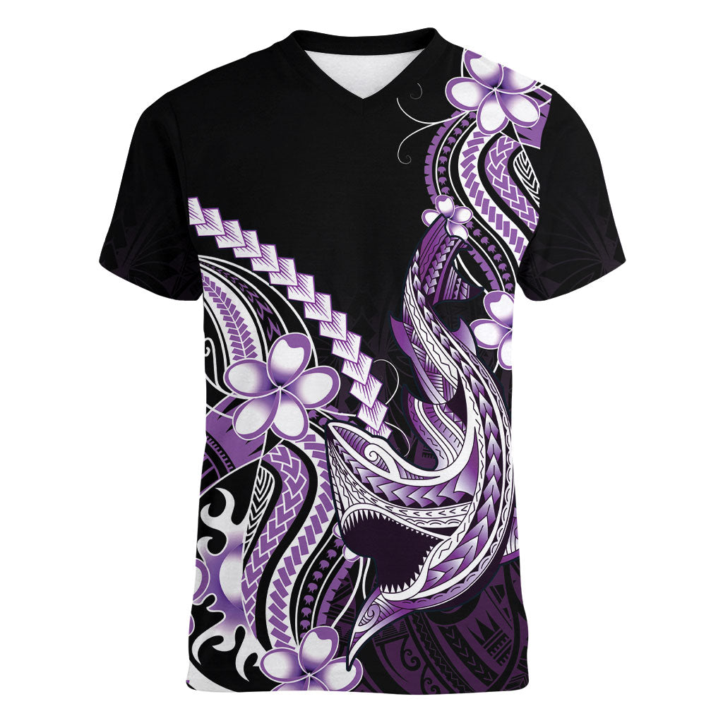 Purple Black Aloha Hawaii Women V-Neck T-Shirt Polynesian Shark Tattoo Plumeria