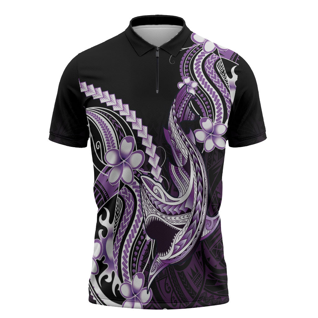 Purple Black Aloha Hawaii Zipper Polo Shirt Polynesian Shark Tattoo Plumeria LT14 Purple - Polynesian Pride