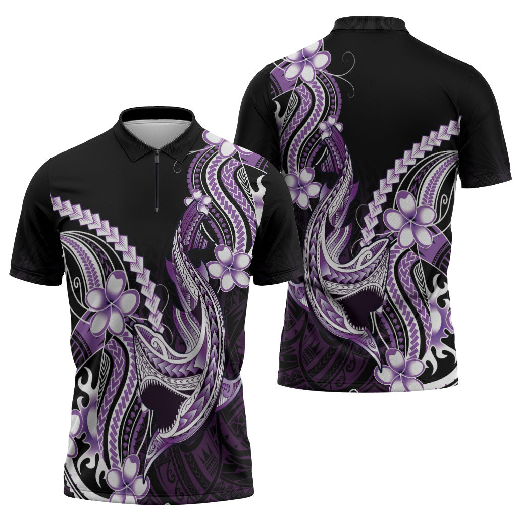 Purple Black Aloha Hawaii Zipper Polo Shirt Polynesian Shark Tattoo Plumeria LT14 - Polynesian Pride