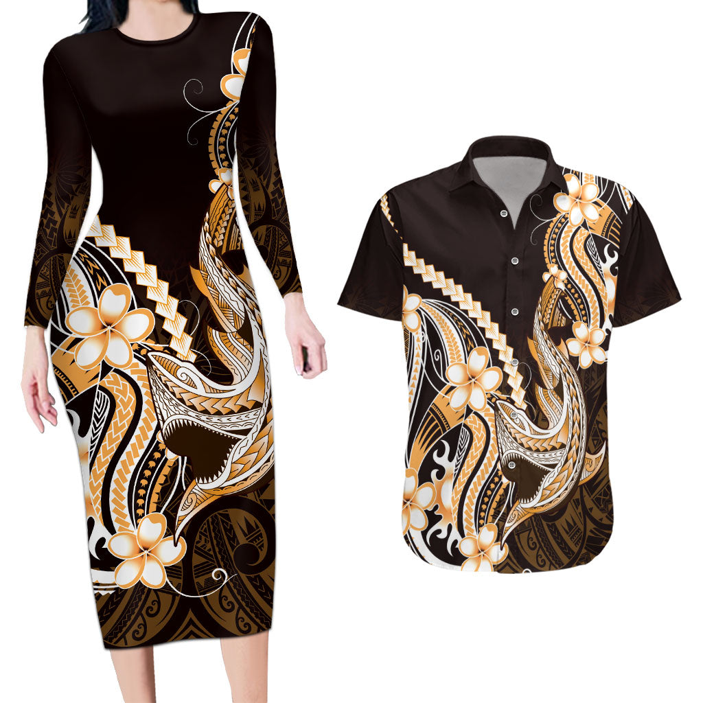Orange Black Aloha Hawaii Couples Matching Long Sleeve Bodycon Dress and Hawaiian Shirt Polynesian Shark Tattoo Plumeria LT14 Orange - Polynesian Pride