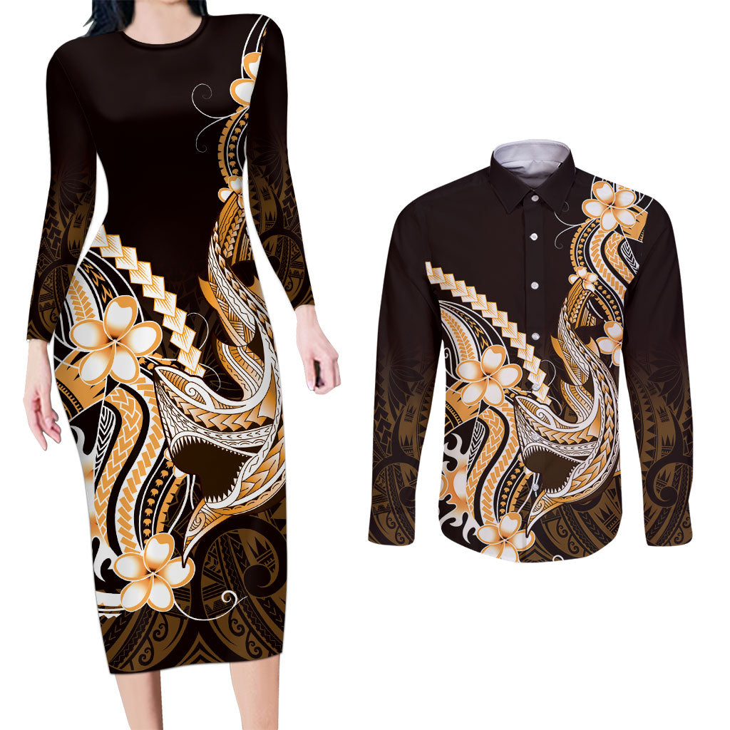 Orange Black Aloha Hawaii Couples Matching Long Sleeve Bodycon Dress and Long Sleeve Button Shirt Polynesian Shark Tattoo Plumeria