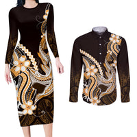 Orange Black Aloha Hawaii Couples Matching Long Sleeve Bodycon Dress and Long Sleeve Button Shirt Polynesian Shark Tattoo Plumeria LT14 Orange - Polynesian Pride