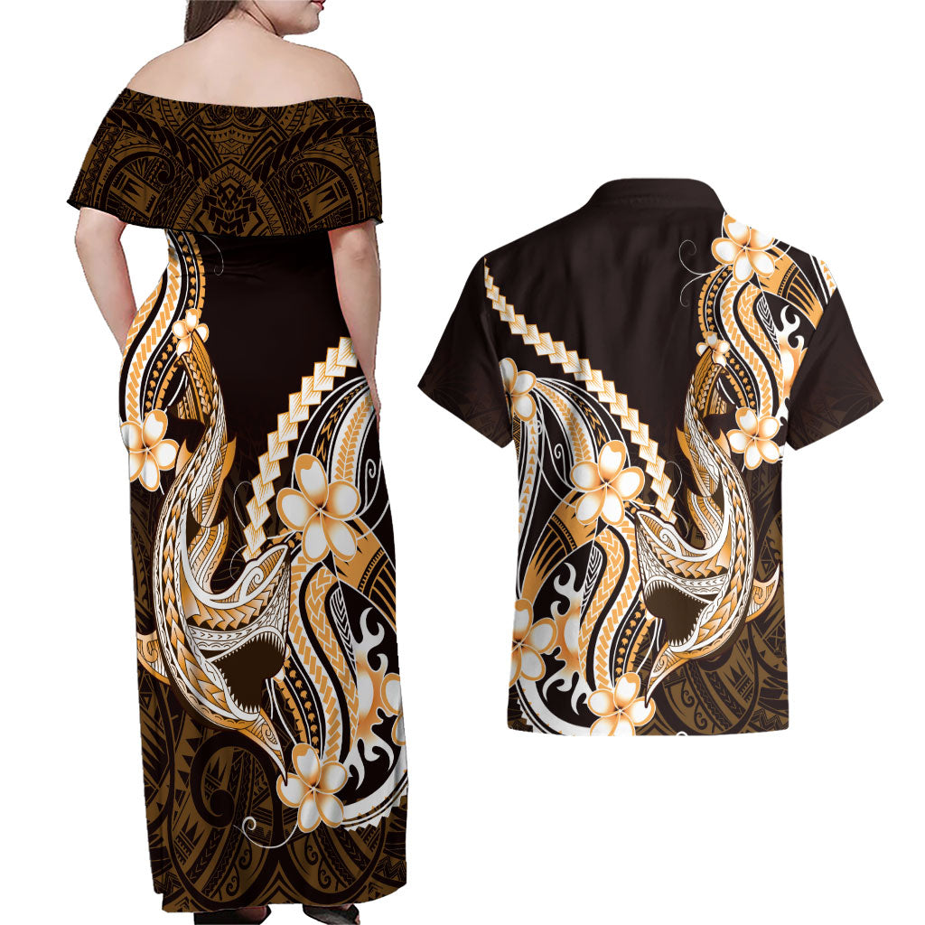 Orange Black Aloha Hawaii Couples Matching Off Shoulder Maxi Dress and Hawaiian Shirt Polynesian Shark Tattoo Plumeria LT14 - Polynesian Pride