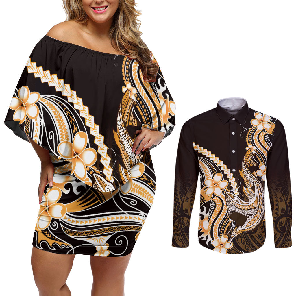 Orange Black Aloha Hawaii Couples Matching Off Shoulder Short Dress and Long Sleeve Button Shirt Polynesian Shark Tattoo Plumeria LT14 Orange - Polynesian Pride
