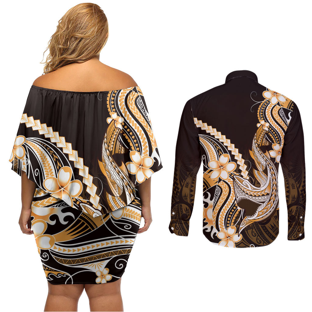 Orange Black Aloha Hawaii Couples Matching Off Shoulder Short Dress and Long Sleeve Button Shirt Polynesian Shark Tattoo Plumeria LT14 - Polynesian Pride